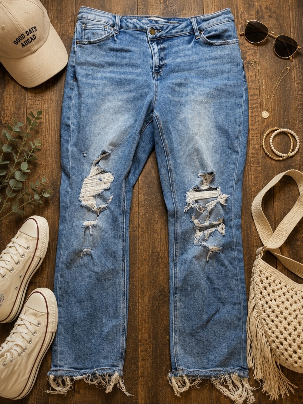 Altar’d State Light Wash Distressed Straight Leg Jeans Raw Hem Size 30